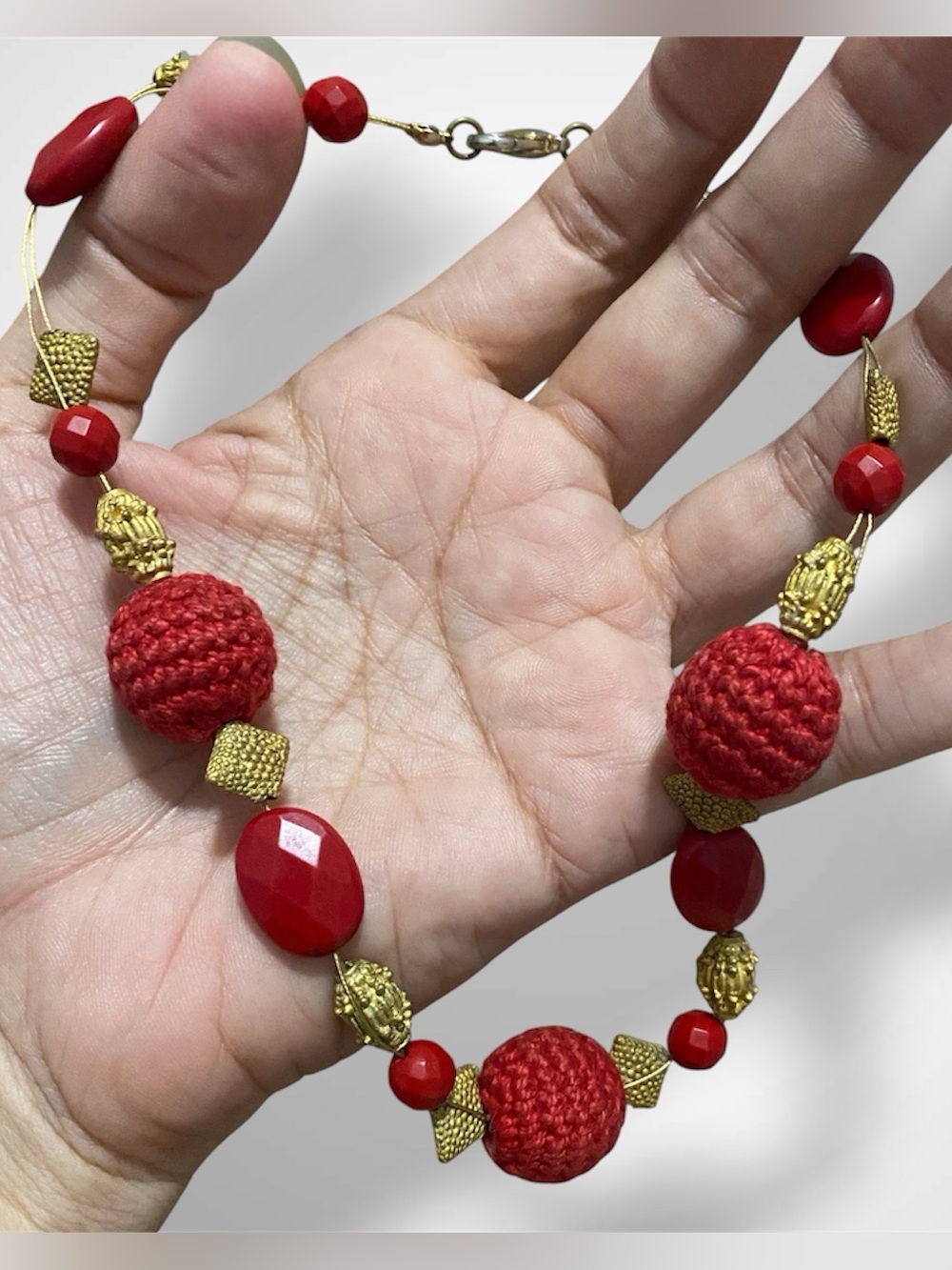 Vintage Red Crochet & Gold Bead Women's Necklace